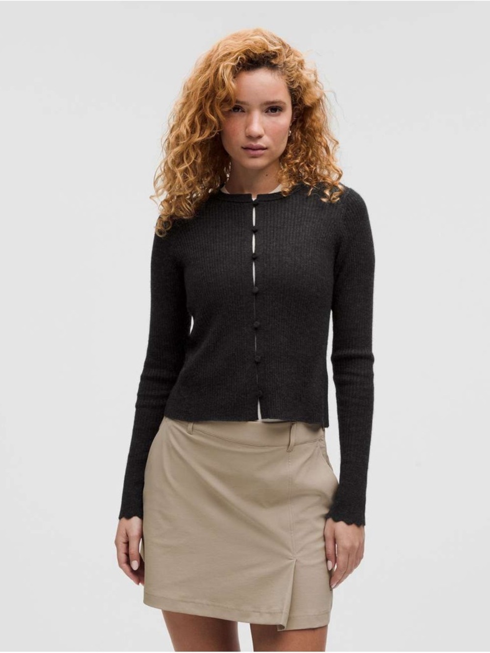 Lululemon Cashmere Scalloped Cuff Cardigan
Heathered Core Black size small